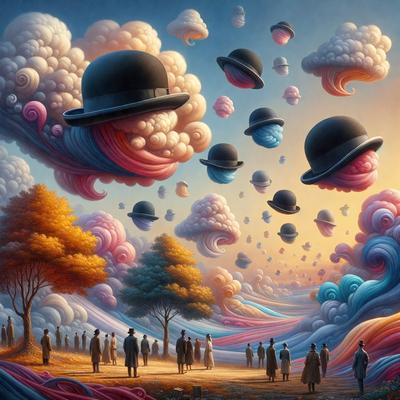 The primary subject of the image is a group of people walking in a field. They are wearing hats and appear to be enjoying their time together. The setting is a beautiful, colorful landscape with clouds and a sky background. The visual style is a combination of digital art and illustration, creating a vibrant and lively atmosphere. The colors and mood of the image are predominantly pink and blue, giving it a warm and cheerful feel.